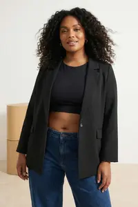 Trendyol Curve Black linen look Puantiye Lined Weaving Plus Size Jacket
