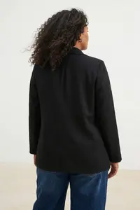 Trendyol Curve Black linen look Puantiye Lined Weaving Plus Size Jacket - Image 3