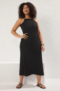 Trendyol Curve Black Barbell Collar Crepe textured Material Maxi Size Knitting Plus Size Dress
