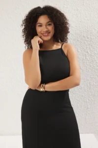 Trendyol Curve Black Barbell Collar Crepe textured Material Maxi Size Knitting Plus Size Dress - Image 2