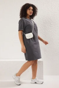 Trendyol Curve Anthracite Crew Neck Washable Knitting Plus Size T-Shirt Dress - Image 2