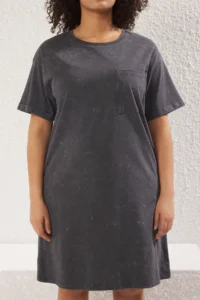 Trendyol Curve Anthracite Crew Neck Washable Knitting Plus Size T-Shirt Dress - Image 3