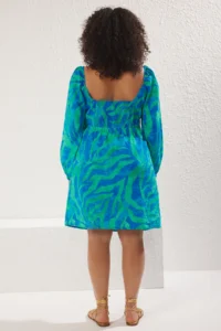 Trendyol Curve Mavi-Multicolored Cut Out Detailed Balloon Sleeve Voile beachwear Plus Size Dress - Image 5