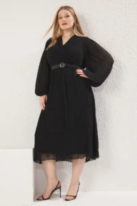 Trendyol Curve Black Siphon pleated Arched Midi Weaving Plus Size Dress