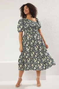 Trendyol Curve Emerald Green Floral Gipelli Asymmetric Collar Balloon Sleeve Weaving Plus Size Dress