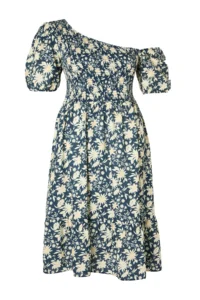 Trendyol Curve Emerald Green Floral Gipelli Asymmetric Collar Balloon Sleeve Weaving Plus Size Dress - Image 6
