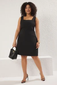 Trendyol Curve Black Premium Square Neck Weaving Interlining Plus Size Dress
