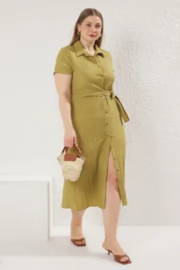 Trendyol Curve Khaki seersucker Midi Weaving Plus Size Shirt Dress - Image 2