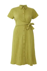 Trendyol Curve Khaki seersucker Midi Weaving Plus Size Shirt Dress - Image 5