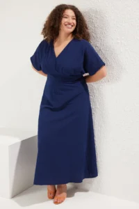 Trendyol Curve Navy Blue V-neck Short Sleeve textured Material Weaving Maxi Plus Size Dress - Image 2
