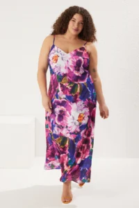 Trendyol Curve Multicolored Floral Adjustable Sleeveless Satin Maxi Weaving Plus Size Dress - Image 2