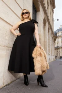 Trendyol Curve Black with bow Single Arm Midi Weaving Plus Size Dress