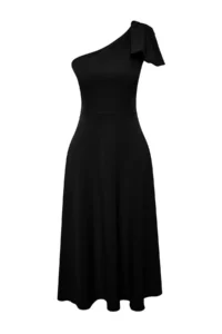 Trendyol Curve Black with bow Single Arm Midi Weaving Plus Size Dress - Image 8
