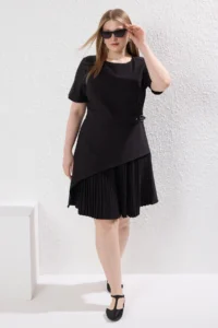 Trendyol Curve Black Short Sleeve Mini Weaving Plus Size Dress