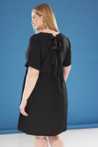 Trendyol Curve Black Back with bow Short Sleeve Mini Weaving Plus Size Dress