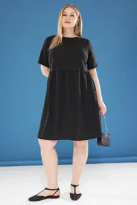 Trendyol Curve Black Back with bow Short Sleeve Mini Weaving Plus Size Dress - Image 2