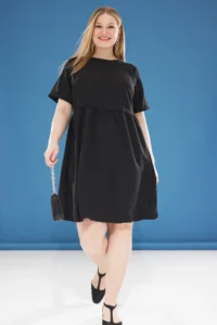 Trendyol Curve Black Back with bow Short Sleeve Mini Weaving Plus Size Dress - Image 3