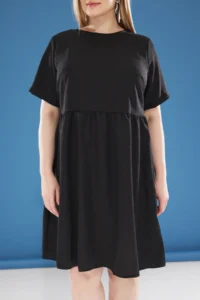 Trendyol Curve Black Back with bow Short Sleeve Mini Weaving Plus Size Dress - Image 4