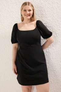 Trendyol Curve Black Square Neck Lining OF shorts Balloon Sleeve Weaving Plus Size Dress - Image 2