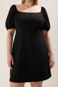 Trendyol Curve Black Square Neck Lining OF shorts Balloon Sleeve Weaving Plus Size Dress - Image 3