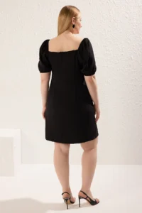 Trendyol Curve Black Square Neck Lining OF shorts Balloon Sleeve Weaving Plus Size Dress - Image 5