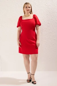 Trendyol Curve Rejection Square Neck Lining OF shorts Balloon Sleeve Weaving Plus Size Dress