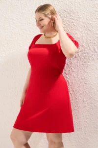 Trendyol Curve Rejection Square Neck Lining OF shorts Balloon Sleeve Weaving Plus Size Dress - Image 2