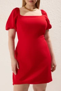 Trendyol Curve Rejection Square Neck Lining OF shorts Balloon Sleeve Weaving Plus Size Dress - Image 3
