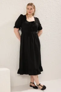 Trendyol Curve Black Square Neck Back Binding Detailed Weaving Plus Size Dress