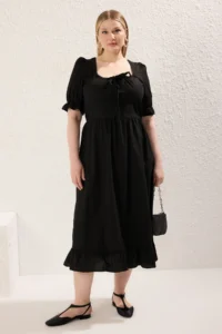 Trendyol Curve Black Square Neck Back Binding Detailed Weaving Plus Size Dress - Image 2