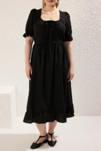 Trendyol Curve Black Square Neck Back Binding Detailed Weaving Plus Size Dress - Image 3