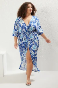Trendyol Curve Mavi Ethnic Patterned Viscose Flounced beachwear Plus Size Dress - Image 2