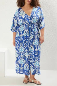Trendyol Curve Mavi Ethnic Patterned Viscose Flounced beachwear Plus Size Dress - Image 3