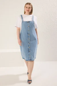 Trendyol Curve Mavi Front buttoned Sleeveless 100% Cotton Non-Stretch denim Plus Size Dress