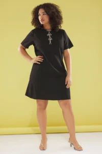 Trendyol Curve Black Stone Fiyonk with accessories Short Sleeve Mini Weaving Plus Size Dress