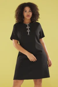 Trendyol Curve Black Stone Fiyonk with accessories Short Sleeve Mini Weaving Plus Size Dress - Image 2