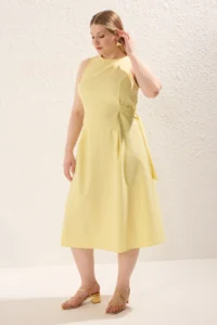 Trendyol Curve Light Yellow Belde Adjustable with accessories Midi Size Weaving Plus Size Dress
