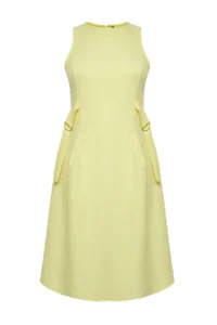 Trendyol Curve Light Yellow Belde Adjustable with accessories Midi Size Weaving Plus Size Dress - Image 6