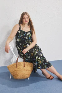 Trendyol Curve Black Floral Sleeveless Midi Summer Weaving Plus Size Dress