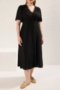 Trendyol Curve Black Short Sleeve Lace Collared Buttoned Midi Weaving Plus Size Dress - Image 3