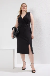 Trendyol Curve Black Double breasted Yaka slit Midi Weaving Plus Size Dress