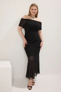 Trendyol Curve Black Carmen Collar Tulle Knitting Plus Size Dress - Image 2