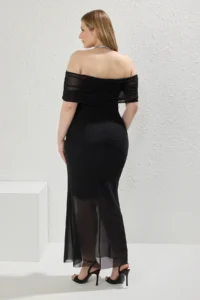 Trendyol Curve Black Carmen Collar Tulle Knitting Plus Size Dress - Image 4