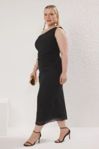 Trendyol Curve Black Single Arm Body-Fitting Accessory Detailed Tulle Flexible Knitting Pen Dress - Image 2