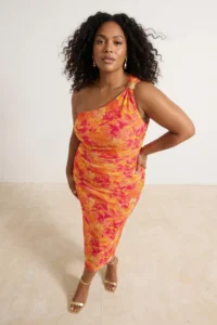 Trendyol Curve Orange Single Arm Body-Fitting Accessory Detailed Tulle Flexible Short Knitting Pen Dress