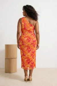 Trendyol Curve Orange Single Arm Body-Fitting Accessory Detailed Tulle Flexible Short Knitting Pen Dress - Image 3