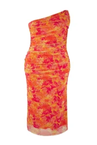 Trendyol Curve Orange Single Arm Body-Fitting Accessory Detailed Tulle Flexible Short Knitting Pen Dress - Image 5