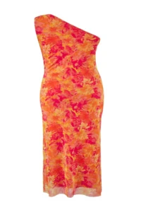 Trendyol Curve Orange Single Arm Body-Fitting Accessory Detailed Tulle Flexible Short Knitting Pen Dress - Image 8