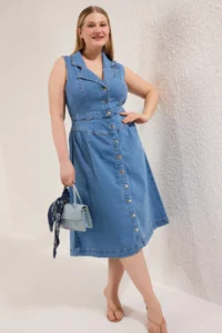 Trendyol Curve Light Blue Jacket Yaka A-line comfort/Middle Flexible denim Plus Size Dress