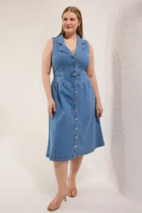 Trendyol Curve Light Blue Jacket Yaka A-line comfort/Middle Flexible denim Plus Size Dress - Image 2